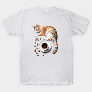 Cute Cat and Espresso Coffee Beans and Cup Design T-Shirt